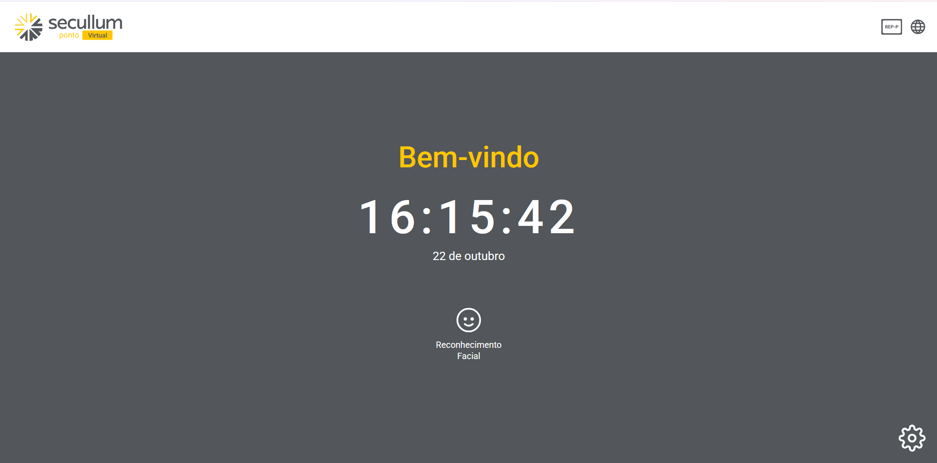 Tela real do Secullum Ponto Virtual com boas-vindas, relógio e opção de reconhecimento facial